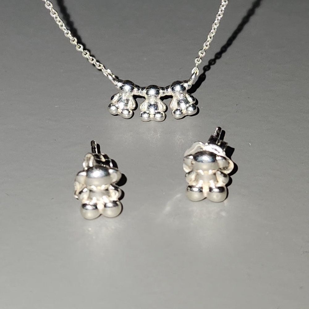 TOUS Silver Bear Pendant Necklace and Earrings Set